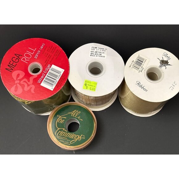 4 Assorted Spools Wire Ribbon Gold Green - Picture 2 of 2